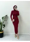 Yanı Büzgülü Uzun Skuba Elbise -Bordo