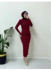 Yanı Büzgülü Uzun Skuba Elbise -Bordo