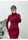 Yanı Büzgülü Uzun Skuba Elbise -Bordo