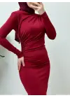 Yanı Büzgülü Uzun Skuba Elbise -Bordo