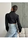 Omarı Yanı Kemer Detaylı Crop Gömlek - Siyah