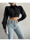 Yanı kemer detaylı crop gömlek siyah s4009