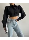 Omarı Yanı Kemer Detaylı Crop Gömlek - Siyah