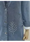 Omarı Yaprak Desenli Denim Ceket - Mavi