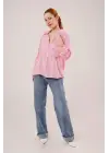 Yarasa Kol Çizgili Cep Detaylı Pembe Gömlek