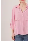 Yarasa Kol Çizgili Cep Detaylı Pembe Gömlek