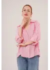 Yarasa Kol Çizgili Cep Detaylı Pembe Gömlek