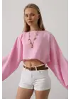Omarı Pembe Yarasa Kollu Crop Bluz - Trendy Tasarım