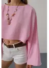 Omarı Pembe Yarasa Kollu Crop Bluz - Trendy Tasarım