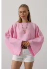 Omarı Pembe Yarasa Kollu Crop Bluz - Trendy Tasarım