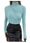 Yarım Boğaz Büzgülü Sandy Bluz         -Mint