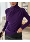 Yarım Boğaz Büzgülü Sandy Bluz      -Mor