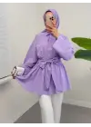 Lila Yarım Düğmeli Beli Bağlamalı Tunik Kadın Giyim
