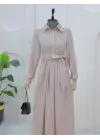 Yarım Düğmeli Önü Çapraz Bağlamalı Keten Elbise -Bej