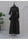 Yarım Düğmeli Önü Çapraz Bağlamalı Keten Elbise -Siyah