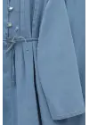 Yarım Düğmeli Önü Pliseli Beli Bağlamalı Pantolonlu Kot Takım  -Açık Mavi