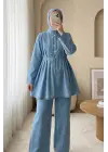 Yarım Düğmeli Önü Pliseli Beli Bağlamalı Pantolonlu Kot Takım  -Açık Mavi