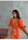 Omarı Ferah Tasarım Keten Crop Set - Portakal Rengi