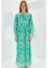Yeşil Ekru Desenli Uzun Viskon Elbise 1947