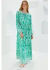 Yeşil Ekru Desenli Uzun Viskon Elbise 1947