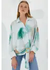 Yeşil Ekru Oversize Dökümlü Saten Gömlek 907
