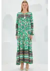 Yeşil Kırmızı Desenli Uzun Viskon Elbise 1947