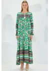 Yeşil Kırmızı Desenli Uzun Viskon Elbise 1947
