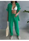 Omarı Yeşil Omuz Sıralı Bluz ve Panseli Pantolon Takım