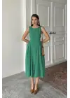 Omarı Büzgülü Midi Boy Yeşil Keten Elbise