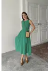 Yeşil Yanları Büzgülü Midi Boy Keten Elbise