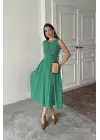 Omarı Büzgülü Midi Boy Yeşil Keten Elbise