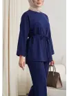 Yırtmaçlı Beli Bağcıklı Kolu Katlamalı Pantolonlu Oyşo Takım -Laci