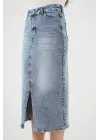 Yırtmaçlı Midi Kot Etek 8038 - Mavi