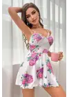 Omarı Beyaz Pırıltı Çiçek Desenli Mini Gecelik