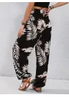 Omarı Yaprak Desenli Yüksek Bel Bağcıklı Pantolon