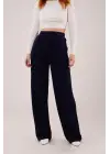 Yüksek Bel Bol Paça Krep Lacivert Pantolon