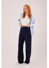 Yüksek Bel Bol Paça Krep Lacivert Pantolon