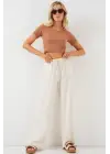 Yüksek Bel Bol Paça Pantolon - Krem