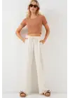 Yüksek Bel Bol Paça Pantolon - Krem