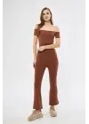Yüksel Bel Fitilli İspanyol Paça Tayt - Kahve