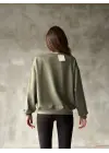 Omarı Yumuşak Dokulu Kumaş Bisiklet Yaka Oversize Sweatshirt - Haki