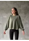 Omarı Yumuşak Dokulu Kumaş Bisiklet Yaka Oversize Sweatshirt - Haki