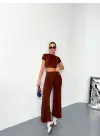 Omarı Modal Kumaşlı Crop Alt Ispanyol Paça Pantolon Seti - Kahverengi
