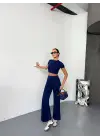 Omarı Modal Kumaş Kısa Kollu Crop Pantolon Takımı - Lacivert
