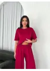 Omarı Yumuşak Modal Kumaşlı Bisiklet Yaka T-shirt ve Bol Paça Pantolon Seti - Bordo