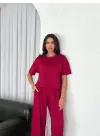 Omarı Yumuşak Modal Kumaşlı Bisiklet Yaka T-shirt ve Bol Paça Pantolon Seti - Bordo