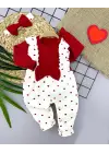 Omarı Bandanalı Fiyonk Detaylı Kız Bebek Tulumu - Kırmızı Kalp Desenli
