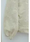 Yuvarlak Yaka Fermuarlı Nakışlı Cepli Keten Ceket -Krem