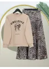 Yuvarlak Yaka Fiyonk Baskılı Leopar Etekli Takım -Bej