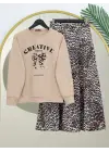 Omarı Fiyonk Baskılı Leopar Etekli Takım - Bej
